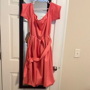 Women's Coral Fit-and-Flare Dress with Tie Waist